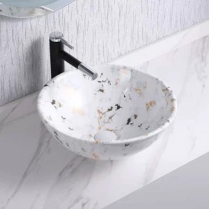 Gold Abstract Round Ceramic Sink Vessel Wash Basin Bathroom Vanity Sink Above Counter/Countertop Bowl Sink for Lavatory
