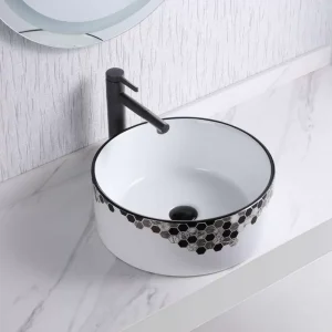 Mosaic Black Round Ceramic Bathroom Vanity Vessel Sink Above Counter Basin for Lavatory