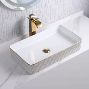 Gold Hexagonal Rectangular Bathroom Sink Vessel Wash Basin Bathroom Vanity Sink Above Counter/Countertop Bowl Sink for Lavatory- (White)