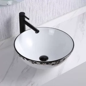 Mosaic White Round Ceramic Bathroom Vanity Vessel Sink Above Counter Basin for Lavatory