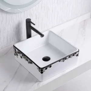 Mosaic Square Bathroom Sink Vessel Wash Basin Bathroom Vanity Sink Above Counter/Countertop Bowl Sink for Lavatory- (White)
